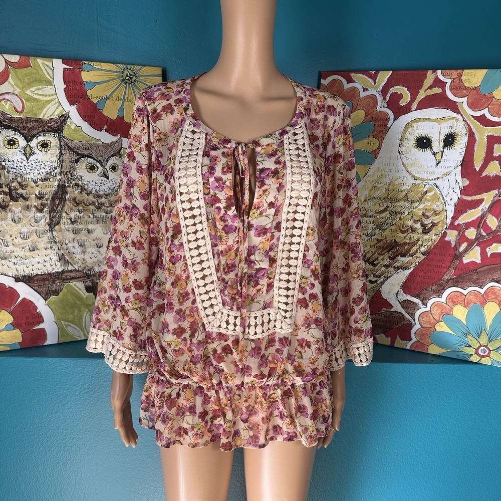 Black Rainn Blouse Women's S Boho Floral Peasant Pink Purple Crochet Tunic Top